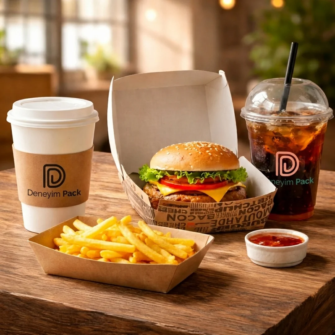 Deneyim Pack tarafından üretilen, çevre dostu ve dayanıklı beyaz karton burger kutusu. Markanıza özel logo baskı seçenekleriyle sunulmaktadır