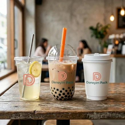 Markaya özel baskılı karton kahve bardağı, pipetli bubble tea PET bardağı ve sızdırmaz kapak seti sunumu.